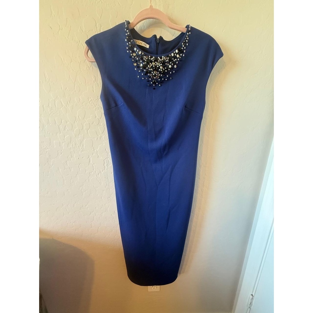 Maggy London Dress Womens S Blue Sheath Cap Sleeves Beaded Neckline Elegant Chic